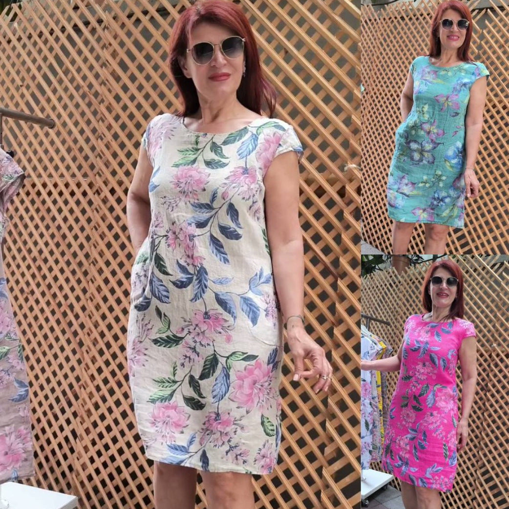 👗 Φόρεμα με στάμπα, φαρδιά μανίκια και στρογγυλή λαιμόκοψη