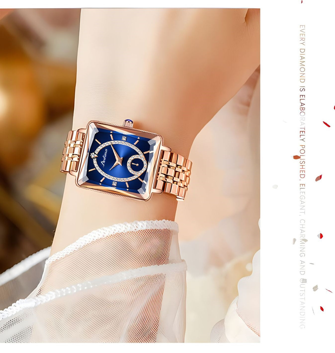 💎Madingas kvadratinis moteriškas laikrodis iš rožinio aukso su deimantais-LT