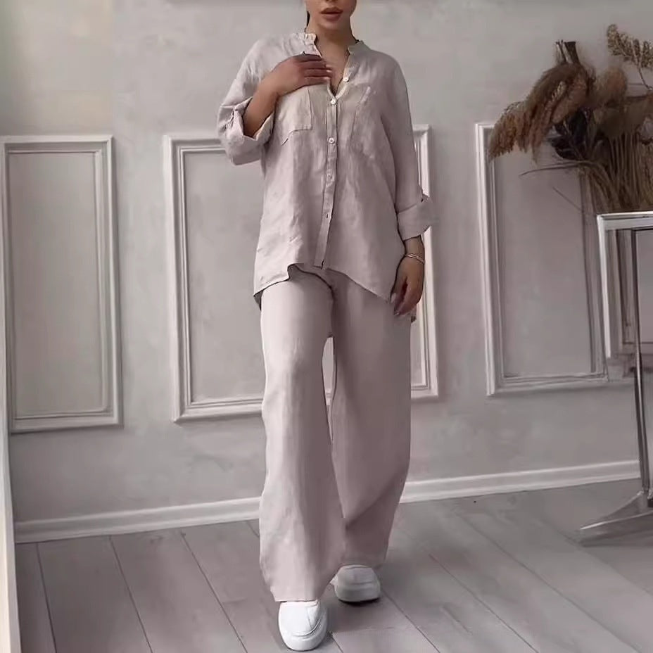 🌸Moteriška dviejų dalių suknelė iš medvilnės ir lino. Užsegami marškiniai ir kelnės-LT
