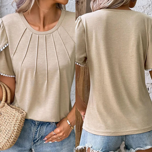 🔥Nauji moteriški laisvalaikio stiliaus vienspalviai nėriniuoti marškinėliai apvaliu kaklu-LT