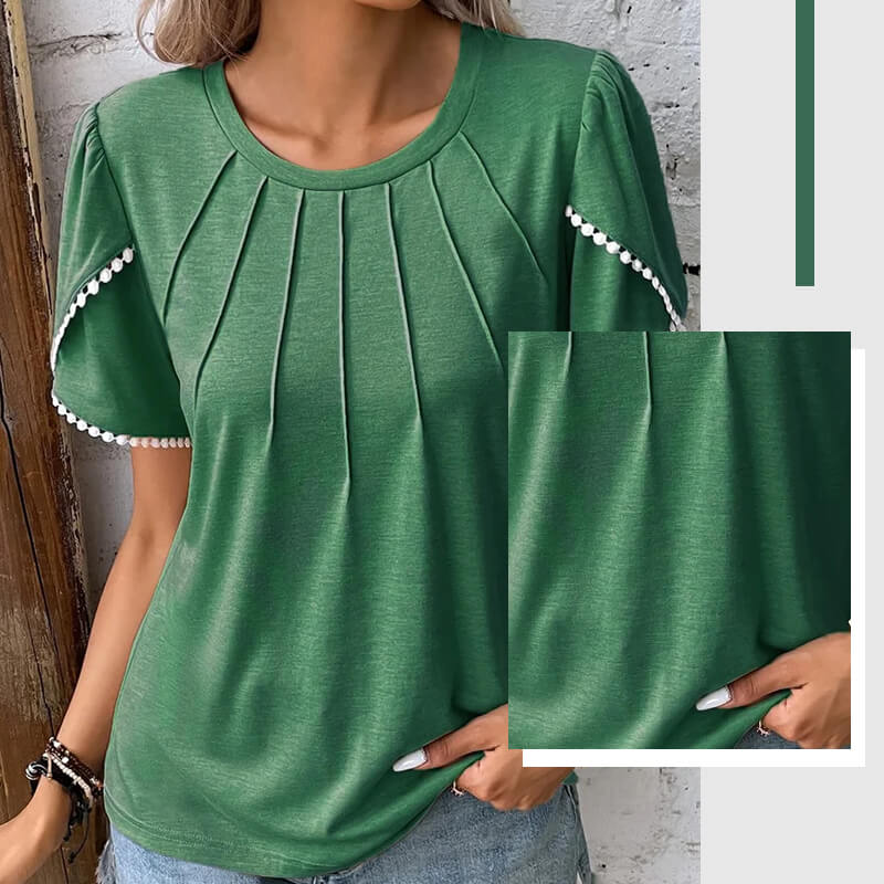 🔥Nauji moteriški laisvalaikio stiliaus vienspalviai nėriniuoti marškinėliai apvaliu kaklu-LT