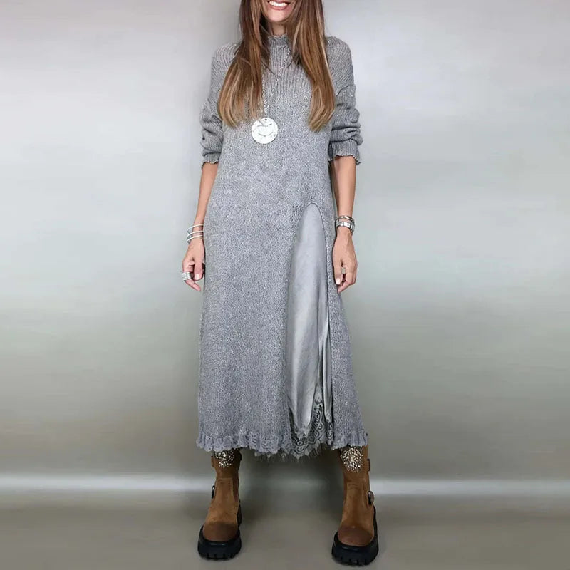 „Valérie™“ komplektas su žavia atlasine suknele ir ilgu, rankų darbo megztiniu / Nesenstanti elegancija kiekvienoje detalėje-LT