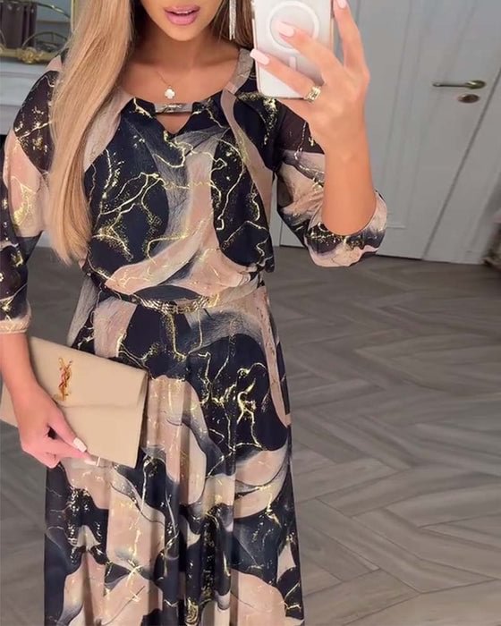 Elegantiška šifono suknelė su raštu ir trijų ketvirčių rankovėmis-LT