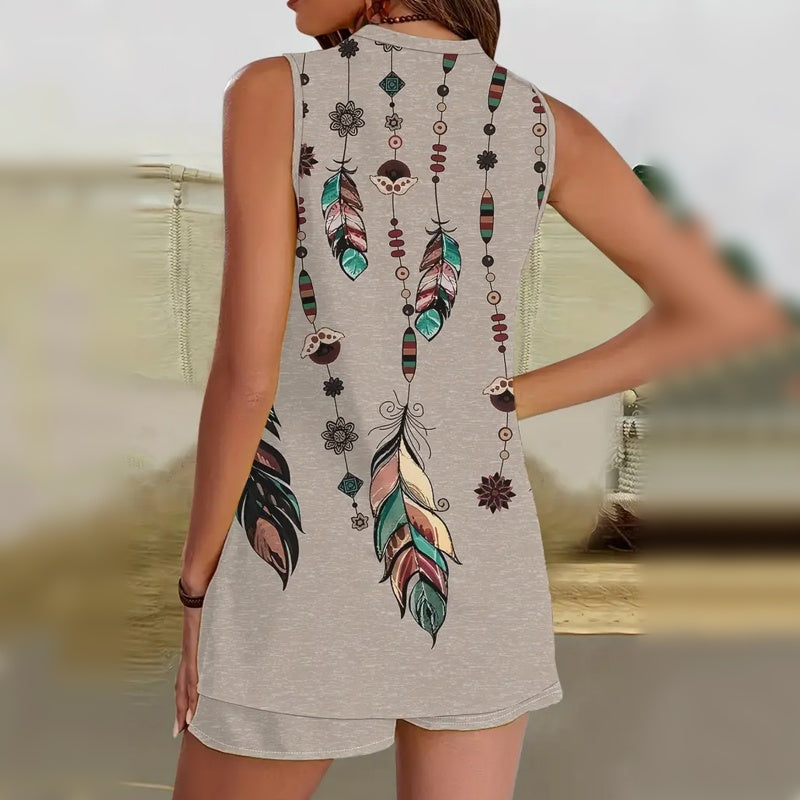 【L-4XL】🌸Σετ δύο τεμαχίων χωρίς μανίκια, με τύπωμα και V-λαιμόκοψη-GR