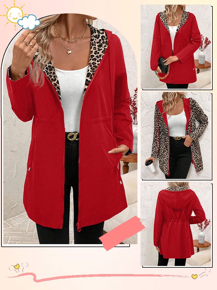 Dvostranski plašč s kapuco in leopardjim vzorcem-SI