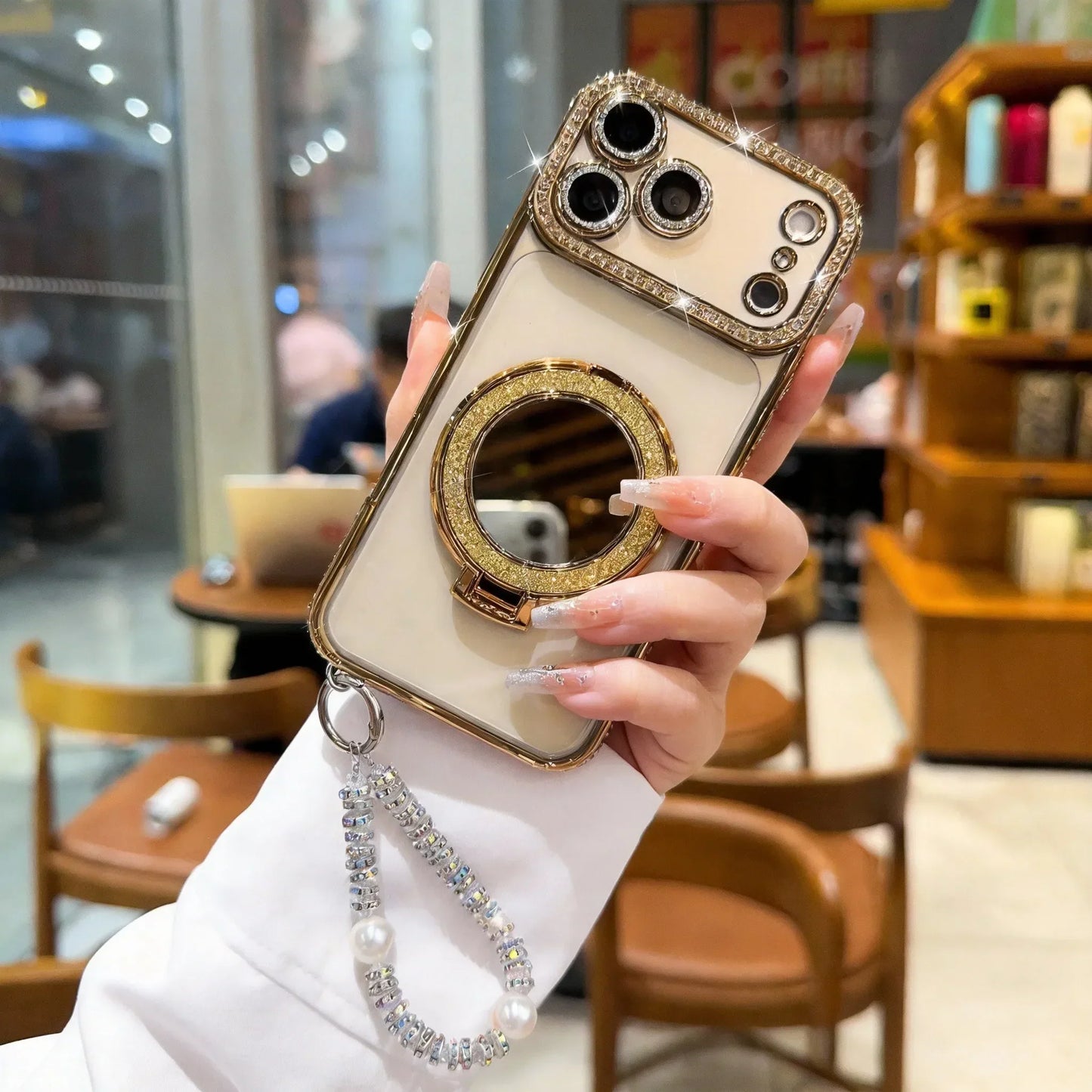 ✨💎Ženski ovitek za telefon z bleščečimi diamanti, ogledalom in stojalom za iPhone 12/13/14/15/16/17 Pro Max, 17Air, 14/15/16 Plus💖-SI