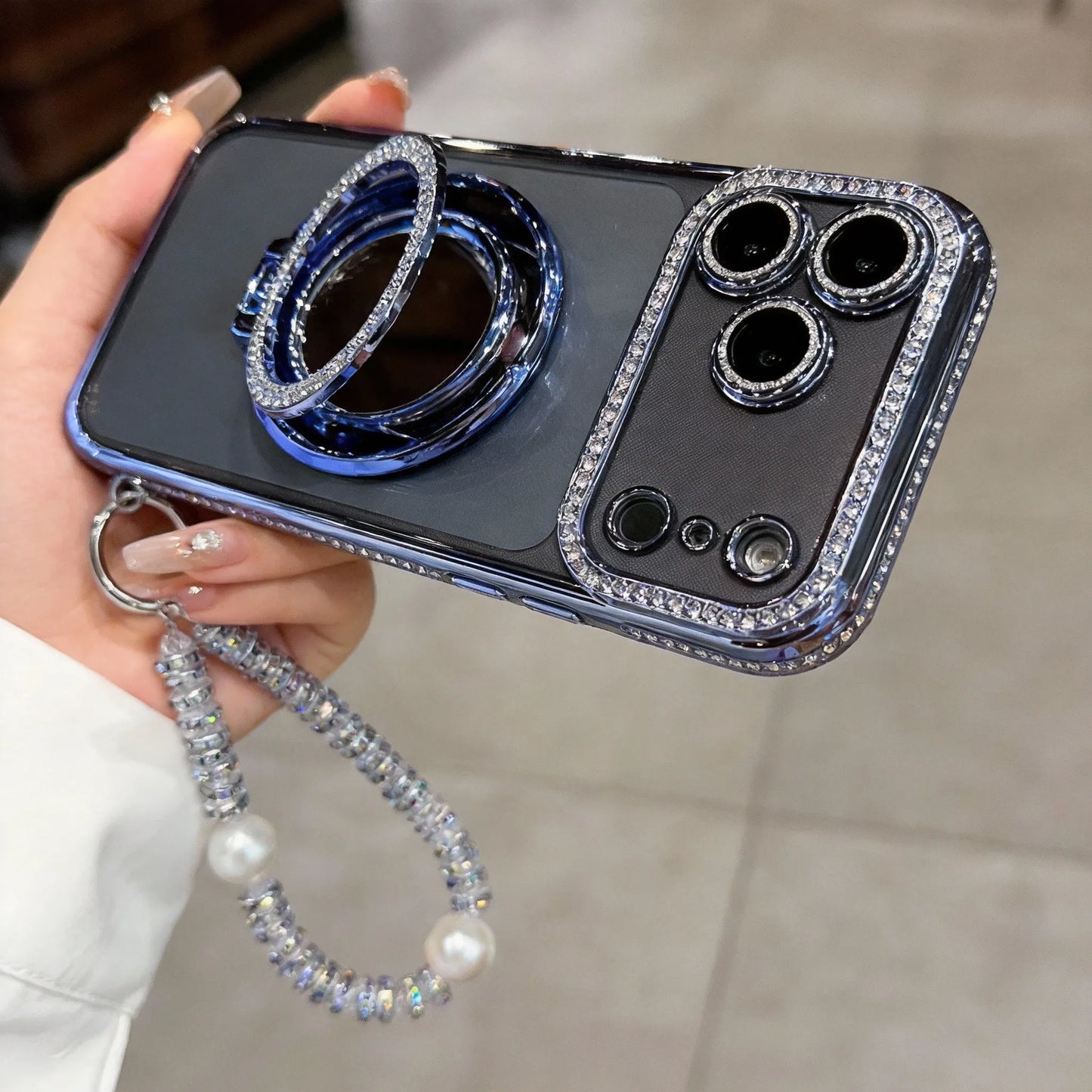 ✨💎Ženski ovitek za telefon z bleščečimi diamanti, ogledalom in stojalom za iPhone 12/13/14/15/16/17 Pro Max, 17Air, 14/15/16 Plus💖-SI