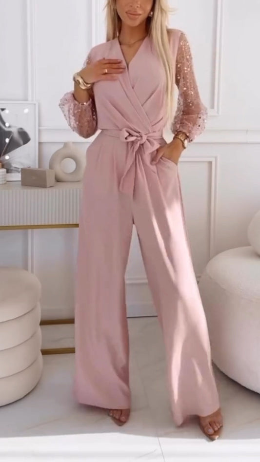 👑 Moteriškas laisvalaikio kostiumėlis su pūstomis rankovėmis ir V formos iškirpte, dekoruotas blizgučiais-LT