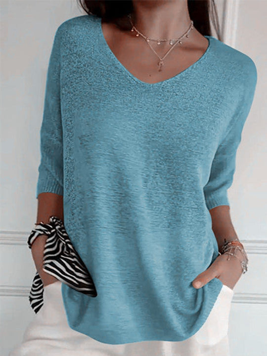 🔥Naujo stiliaus 2025 m.🥰 Vienspalvis megztas viršus su V formos iškirpte-LT