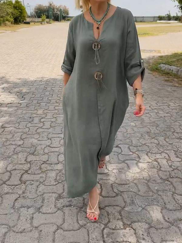 🎁👗Obleka z V-izrezom iz bombaža in lana-SI