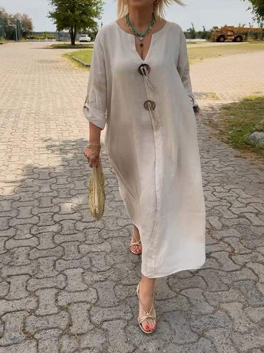 🎁👗Obleka z V-izrezom iz bombaža in lana-SI