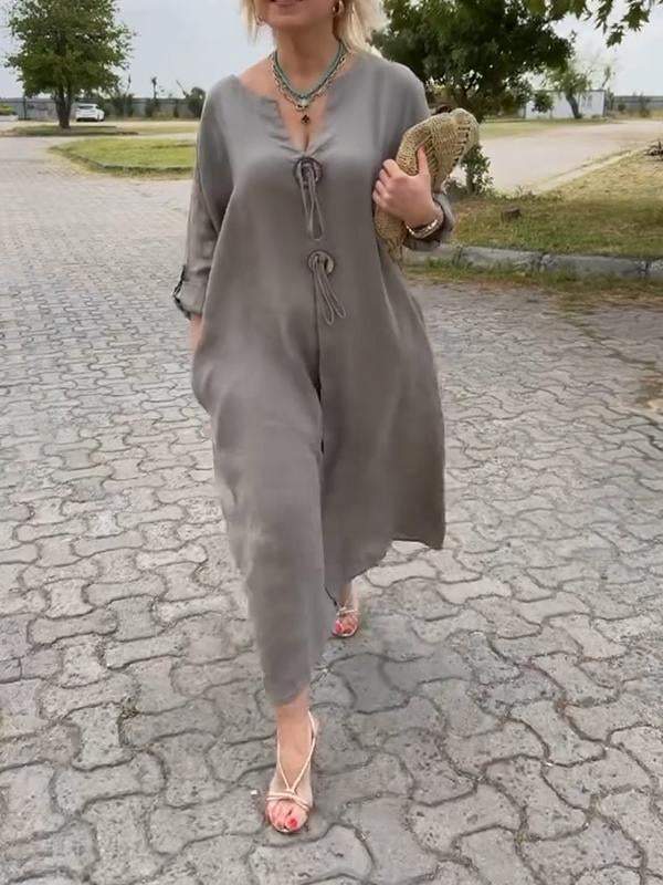 🎁👗Obleka z V-izrezom iz bombaža in lana-SI