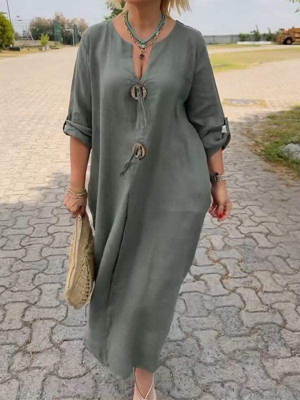🎁👗Obleka z V-izrezom iz bombaža in lana-SI