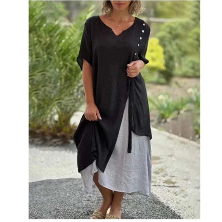 Vestido de dos piezas de manga corta y efecto asimétrico-ES