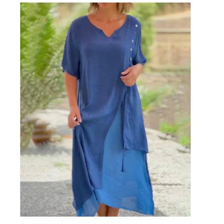 Lažna dvodelna asimetrična obleka s kratkimi rokavi-SI