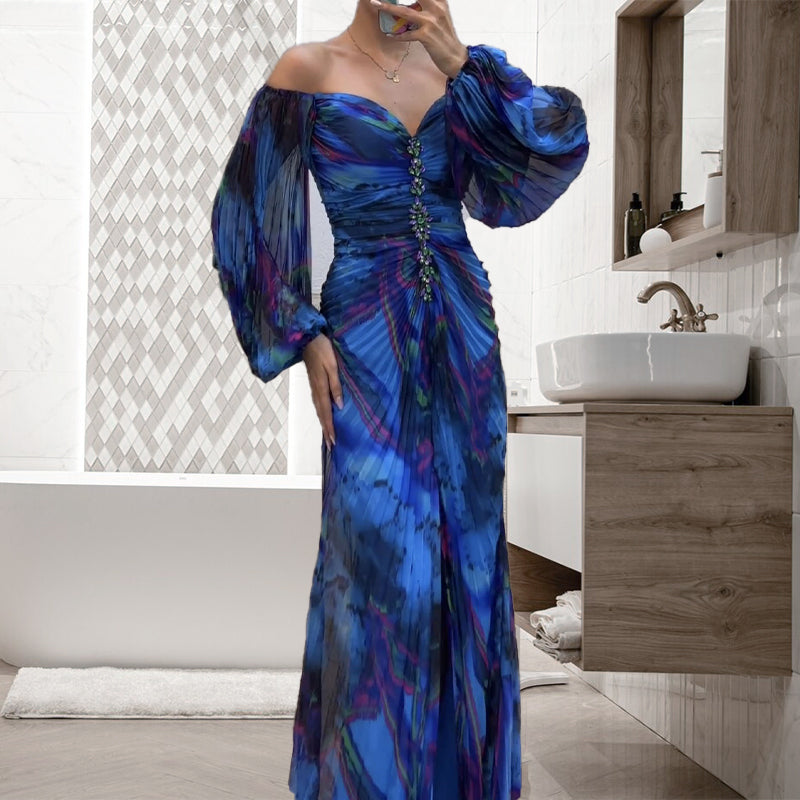 ✨【Lieknėjimo burtininkas】Moteriška suknelė be petnešėlių✨ | Patrauklus dizainas be petnešėlių | Klojuotos detalės | Iškirptas plyšys, patogios ilgos rankovės-LT