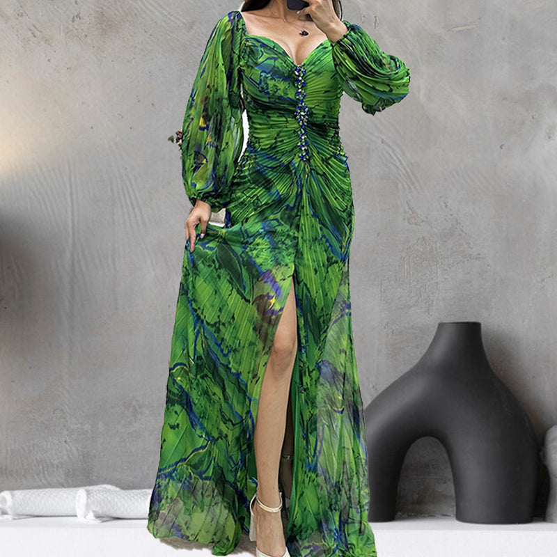 ✨【Lieknėjimo burtininkas】Moteriška suknelė be petnešėlių✨ | Patrauklus dizainas be petnešėlių | Klojuotos detalės | Iškirptas plyšys, patogios ilgos rankovės-LT