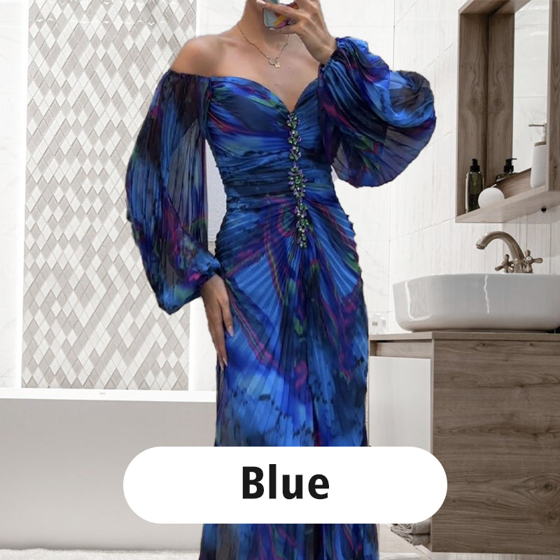 ✨【Lieknėjimo burtininkas】Moteriška suknelė be petnešėlių✨ | Patrauklus dizainas be petnešėlių | Klojuotos detalės | Iškirptas plyšys, patogios ilgos rankovės-LT