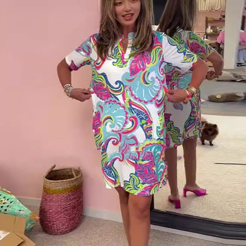 ✨2025 Novi izdelki🌈Ženska obleka s pisanim potiskom in V-izrezom-SI