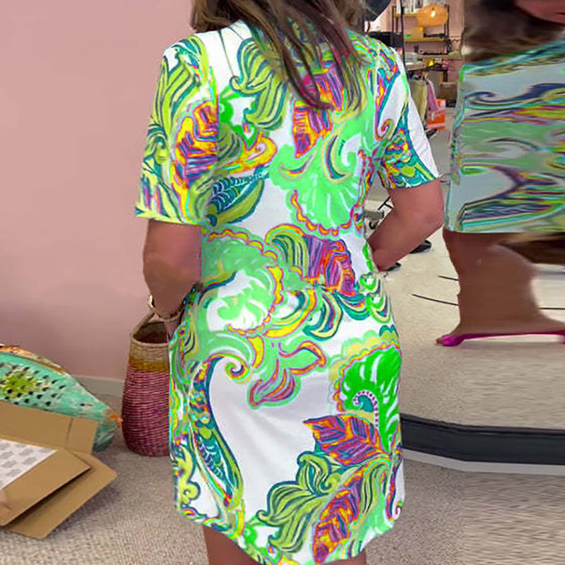 ✨2025 Novi izdelki🌈Ženska obleka s pisanim potiskom in V-izrezom-SI