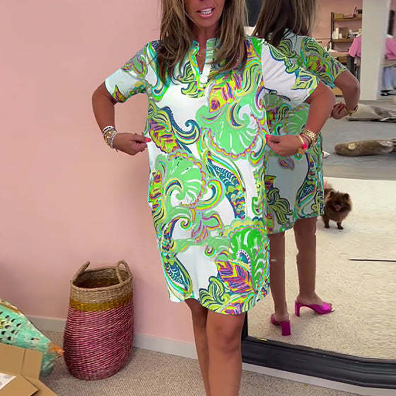 ✨2025 Novi izdelki🌈Ženska obleka s pisanim potiskom in V-izrezom-SI