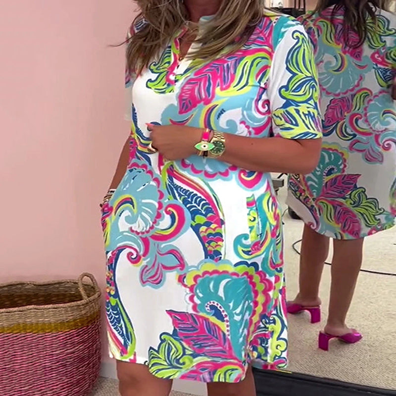 ✨2025 Novi izdelki🌈Ženska obleka s pisanim potiskom in V-izrezom-SI