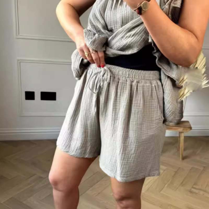 💗Ženski komplet kratkih hlač in topa iz gaze z naborki