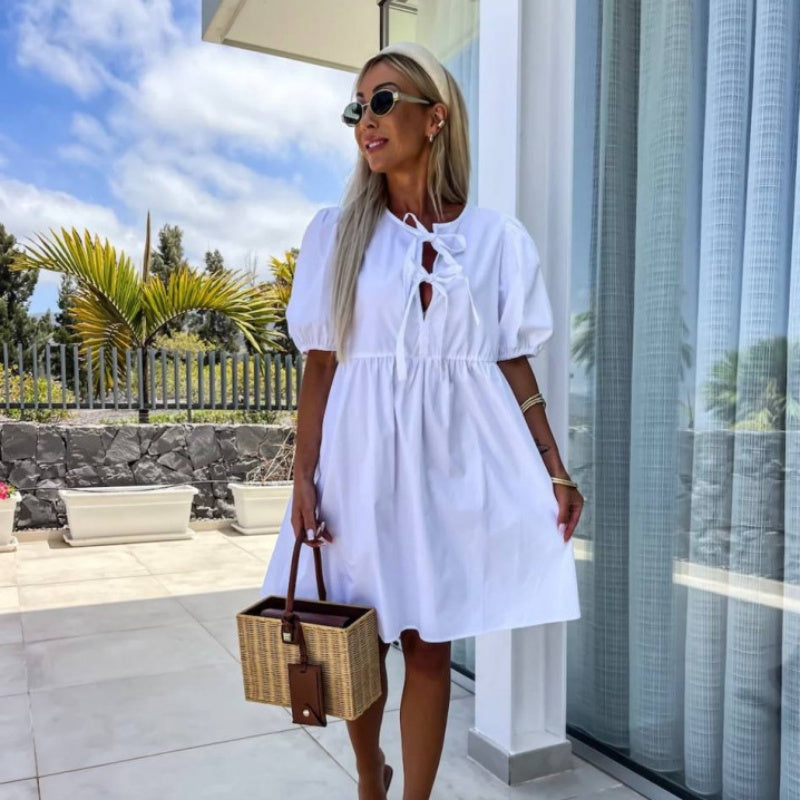 💕 Φόρεμα με φουσκωτά μανίκια και φιόγκο μπροστά σε καθαρό χρώμα-GR