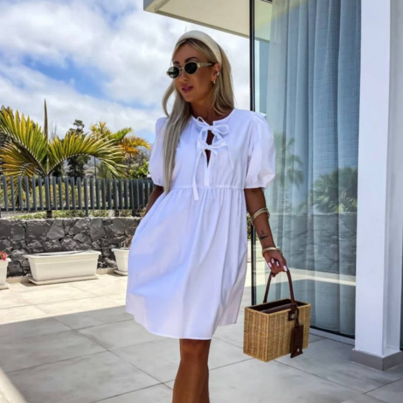 💕 Φόρεμα με φουσκωτά μανίκια και φιόγκο μπροστά σε καθαρό χρώμα-GR