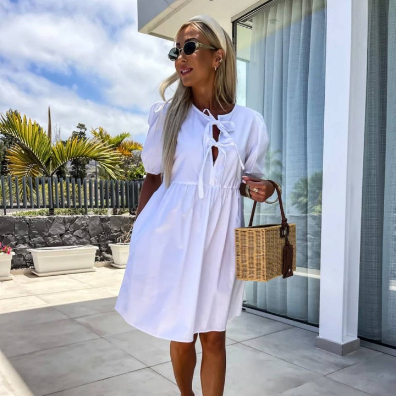 💕 Φόρεμα με φουσκωτά μανίκια και φιόγκο μπροστά σε καθαρό χρώμα-GR