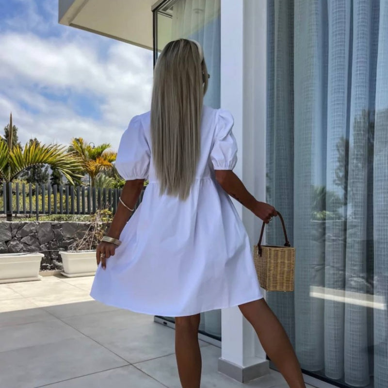 💕 Φόρεμα με φουσκωτά μανίκια και φιόγκο μπροστά σε καθαρό χρώμα-GR