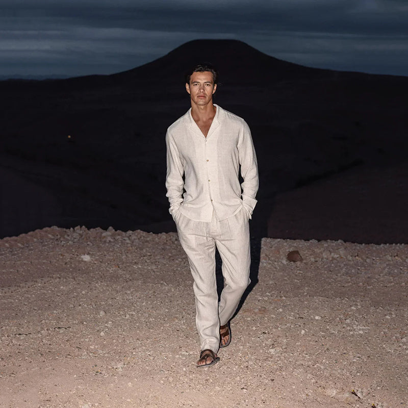 🌴Vyriškas minimalistinis medvilninio lino dviejų dalių laisvalaikio komplektas-LT