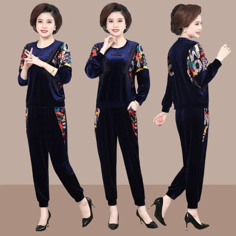 Eleganten 2-delni komplet s potiskanim zgornjim delom in hlačami z žepi
