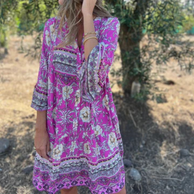 🌸Paprasta suknelė su gėlėmis V formos iškirpte-LT