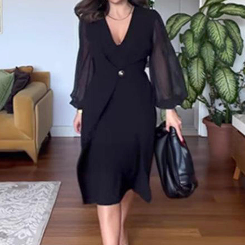 🌸Elegantiškos moteriškos suknelės ilgomis rankovėmis tinklelio V formos iškirpte-LT