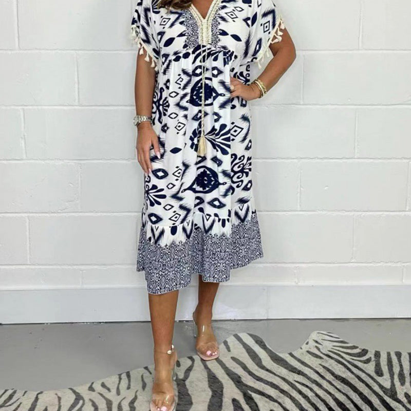 【S-4XL】💃Μακρύ φόρεμα με κρόσσια και δέσιμο-GR