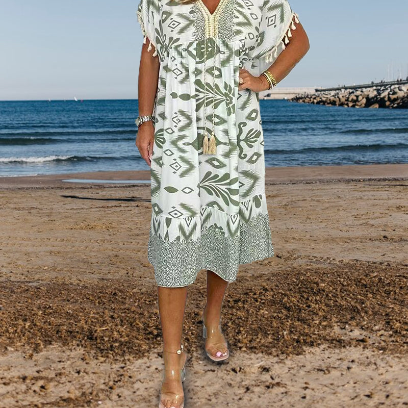 【S-4XL】💃Μακρύ φόρεμα με κρόσσια και δέσιμο-GR