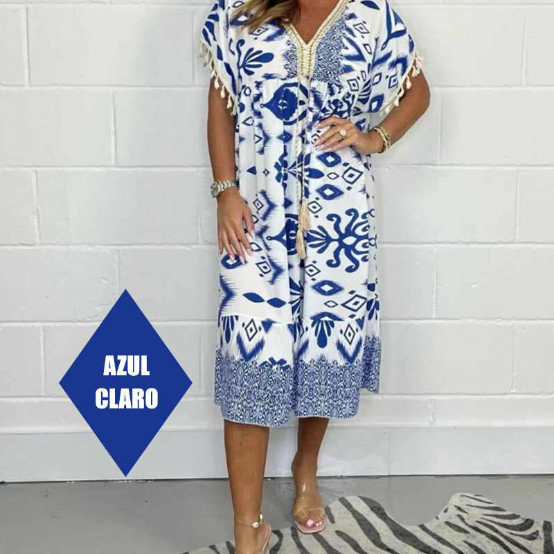 【S-4XL】💃Μακρύ φόρεμα με κρόσσια και δέσιμο-GR