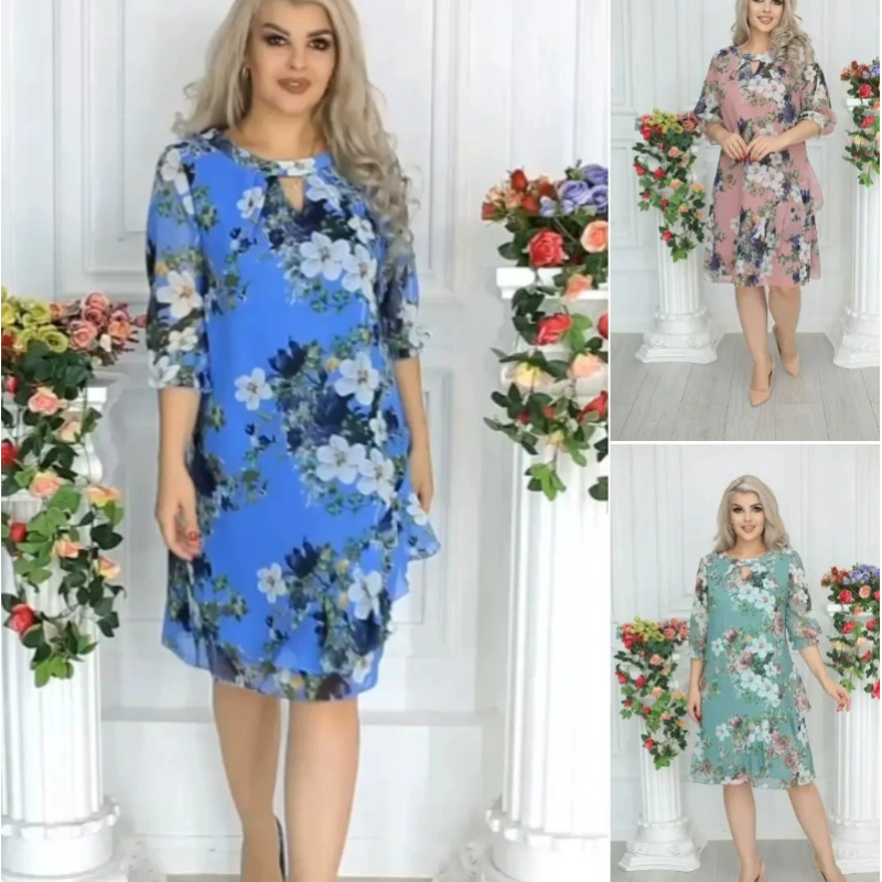 💝Γυναικείο φόρεμα με εμπριμέ φλοράλ μέχρι το γόνατο-GR
