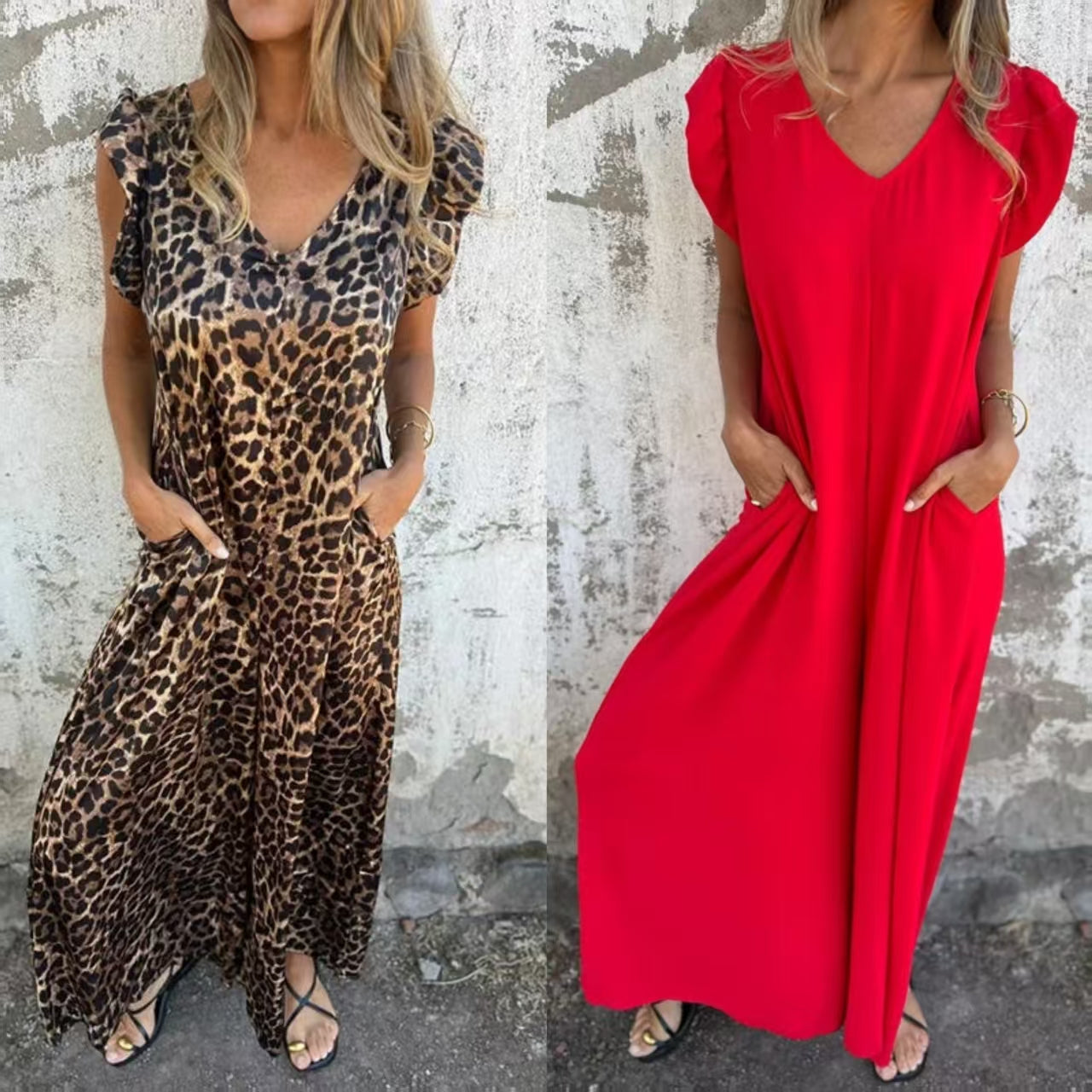 ✨ Nauja 2025 m. moteriška suknelė V formos iškirpte su leopardo raštais-LT