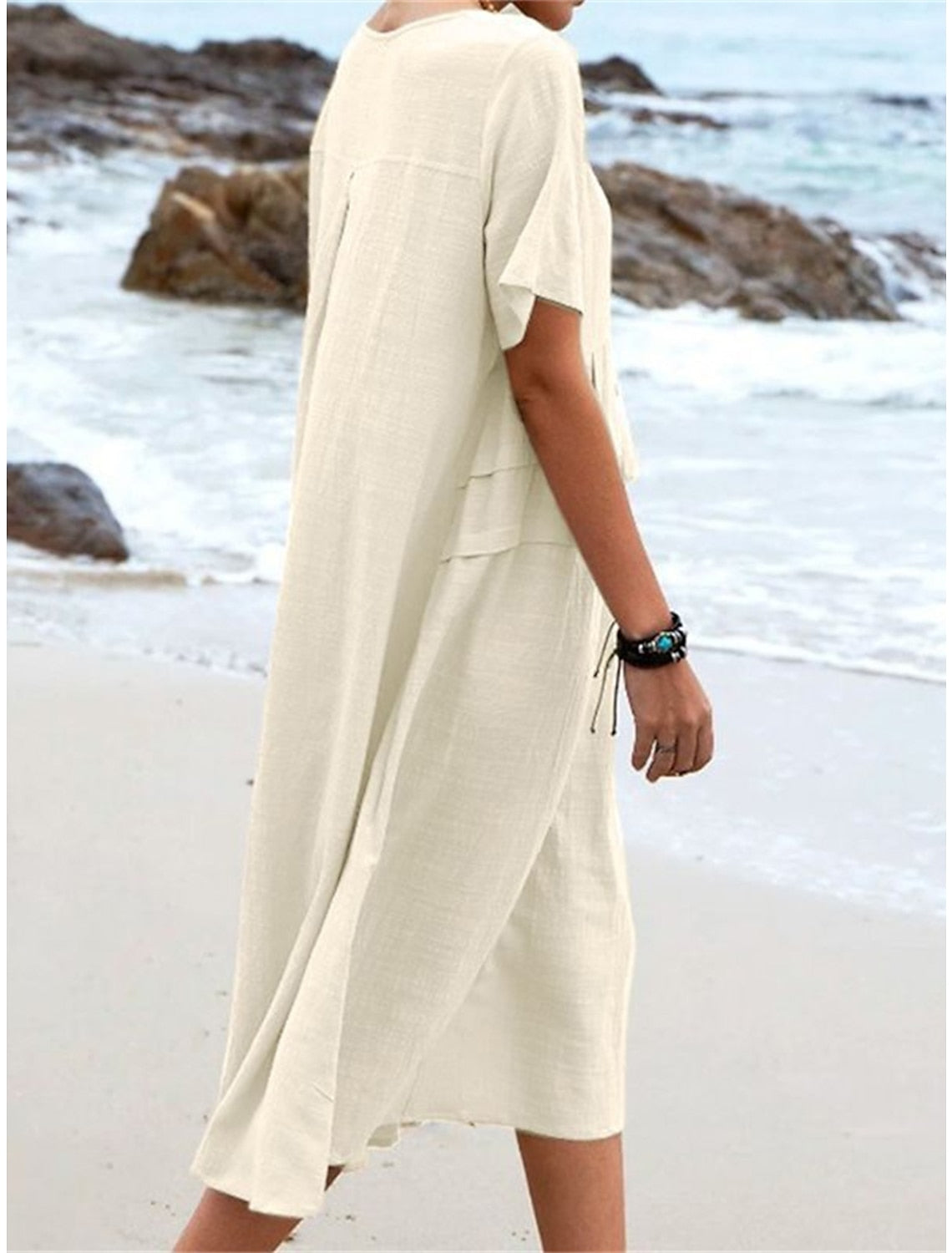 💖Bombažna lanena obleka z okroglim izrezom-SI