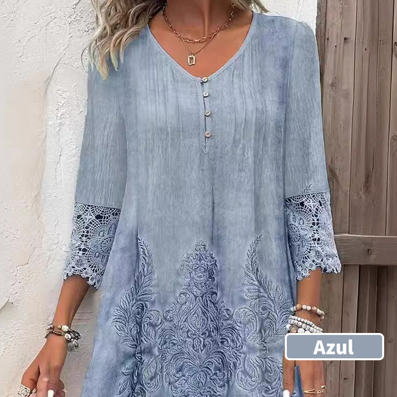 Elegantiška moteriška nėriniuota suknelė pusinėmis rankovėmis ir gilia iškirpte-LT