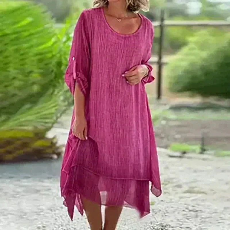 💕Ženska elegantna enobarvna ohlapna obleka z okroglim izrezom-SI