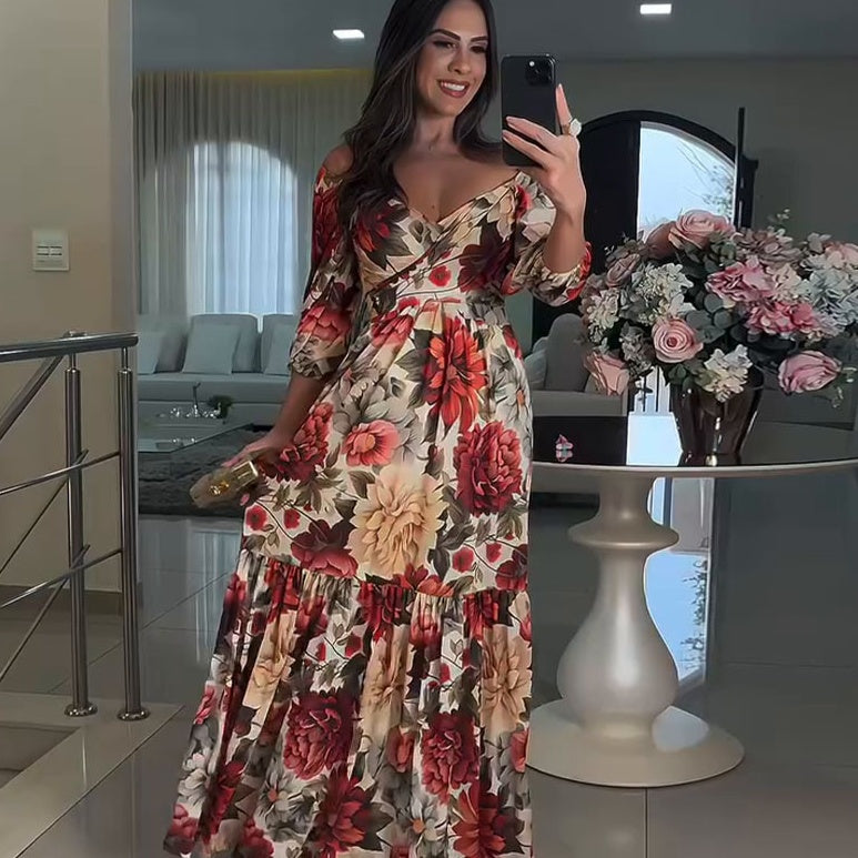 💃Γυναικεία φορέματα με πλισέ V-λαιμόκοψη και λουλούδια-GR