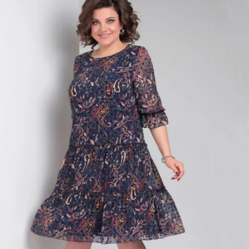 💐Γυναικείο Casual Φόρεμα με Στρογγυλή Λαιμόκοψη και Στάμπα-GR