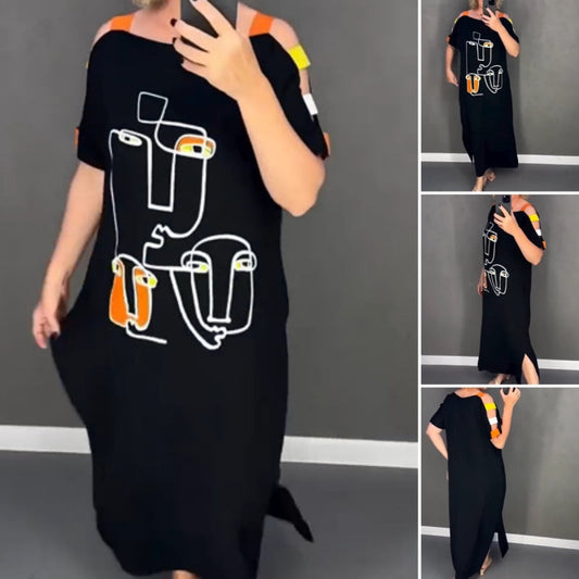 🍂Modna ženska obleka s kratkimi rokavi in potiskom-SI