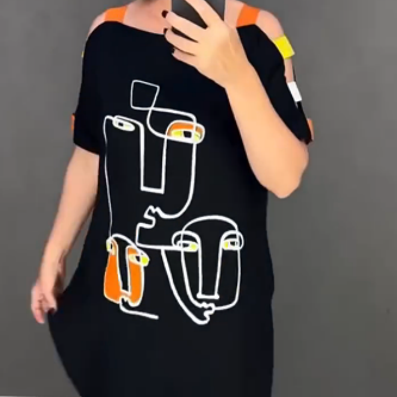 🍂Modna ženska obleka s kratkimi rokavi in potiskom-SI