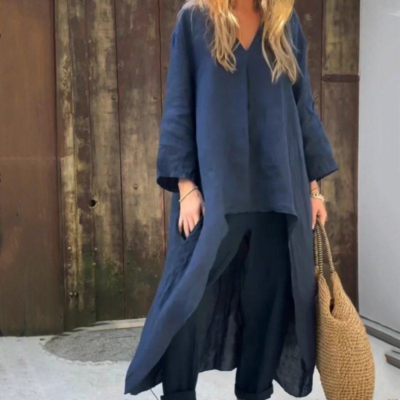 💖Καλοκαιρινό γυναικείο ολόσωμο κοστούμι δύο τεμαχίων από λινό με τσέπες και μυτερή λαιμόκοψη-GR