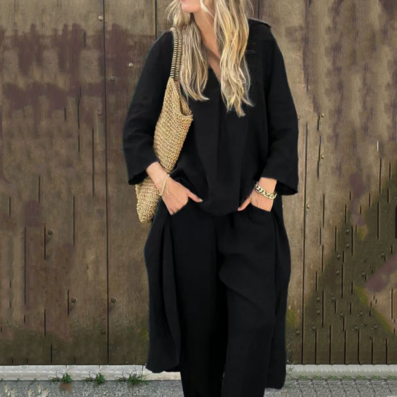 💖Καλοκαιρινό γυναικείο ολόσωμο κοστούμι δύο τεμαχίων από λινό με τσέπες και μυτερή λαιμόκοψη-GR