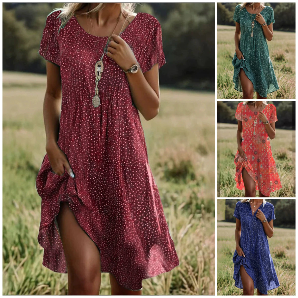 🌸Κομψό πράσινο μίντι φόρεμα με κοντό μανίκι και πουά-GR